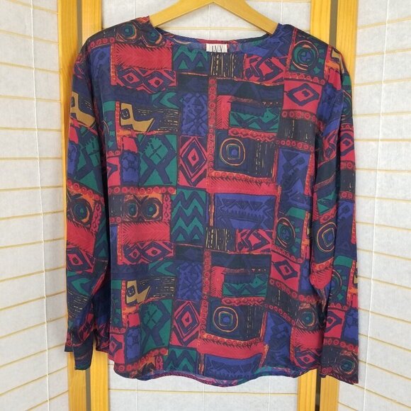 1990s Silk Blouse Size Medium Multi-Color Long Sleeves Shoulder Pads Vintage - Picture 1 of 6